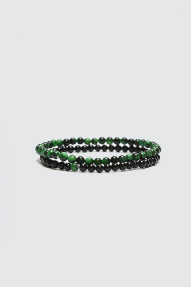 Onyx / Green Tiger Eyes Beaded Bracelet Set