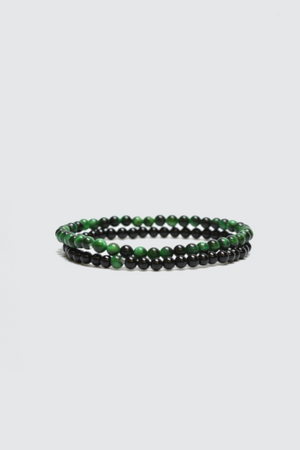 Onyx / Green Tiger Eyes Beaded Bracelet Set
