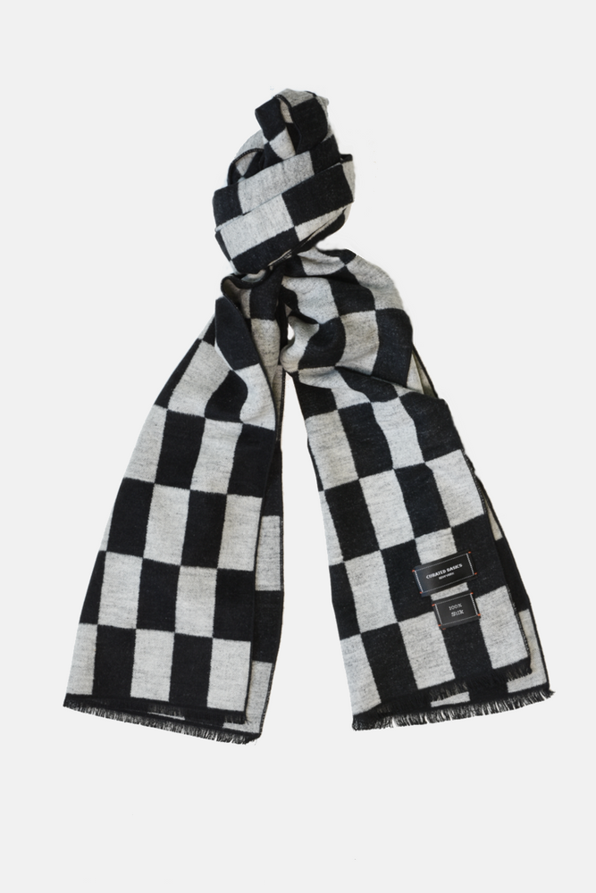 Black and Grey Check Silk Scarf