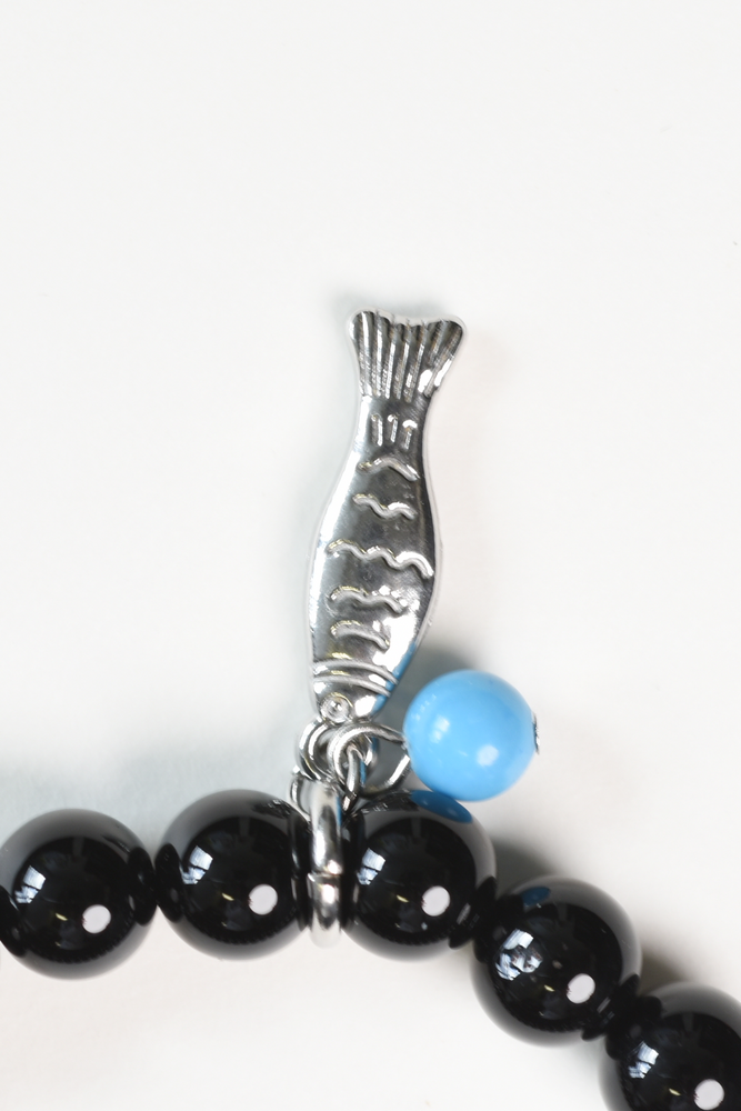 Onyx Beaded Bracelet with Koi Fish Charm