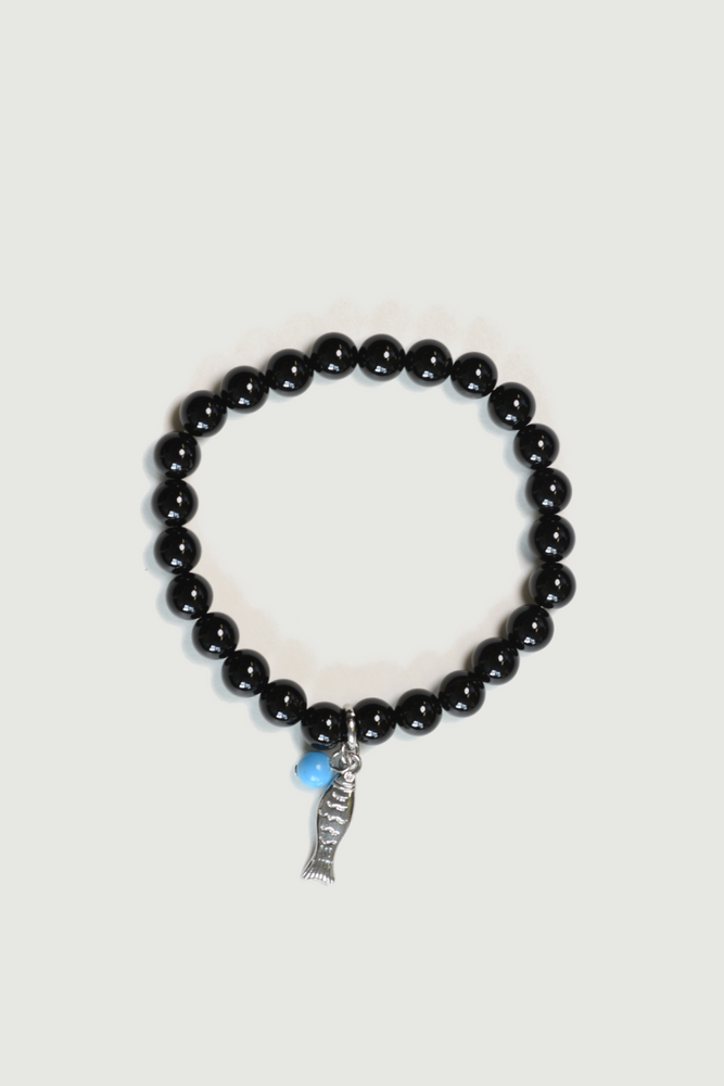 Onyx Beaded Bracelet with Koi Fish Charm