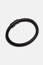 Black Braided Leather Bracelet with Black Steel Accent