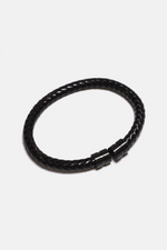 Black Braided Leather Bracelet with Black Steel Accent