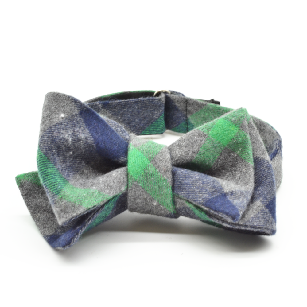 Grey Plaid with Green Accent Bow Tie
